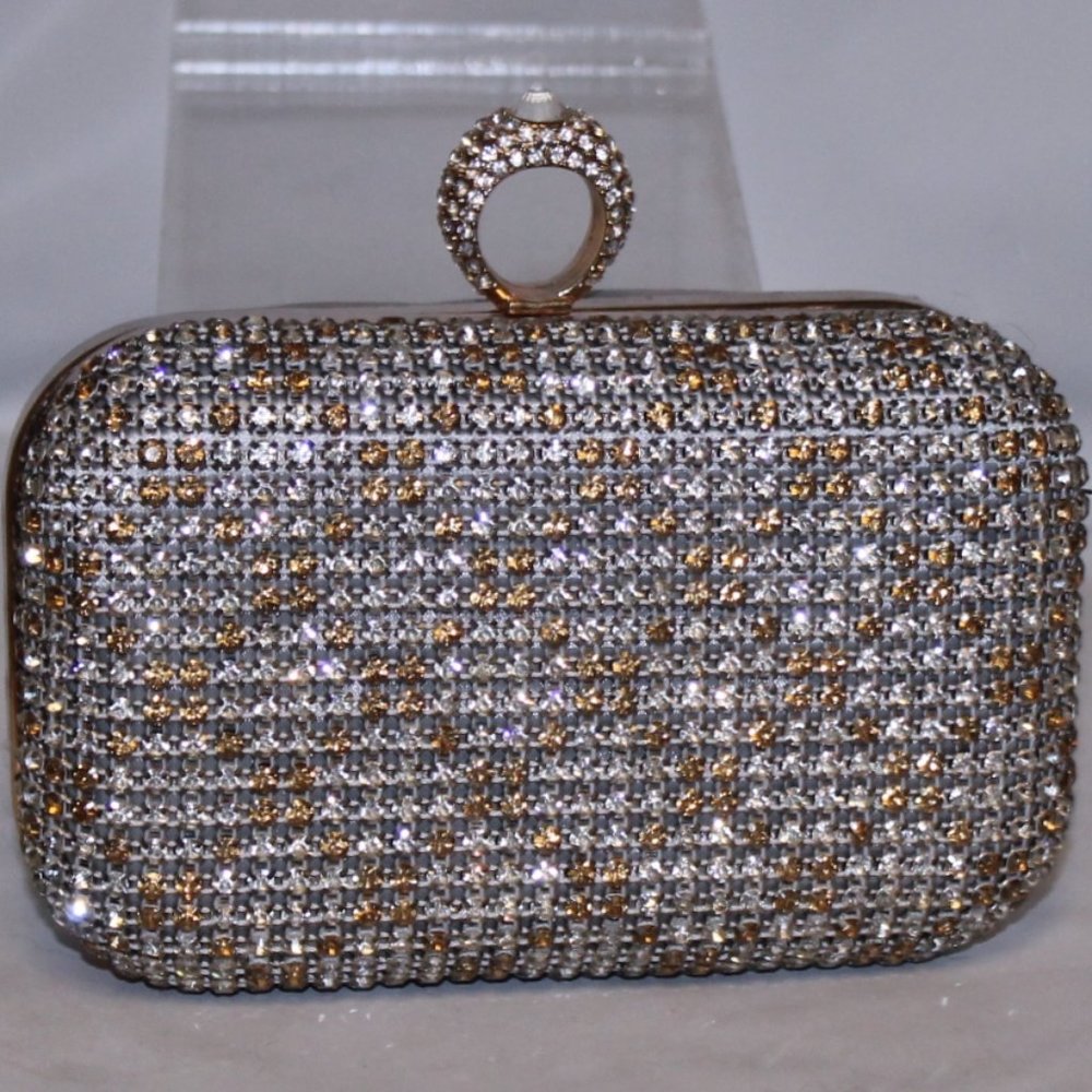 New Crystal "Ring" Top Closure Minaudiere Purse Evening Bag Handbag w Chain